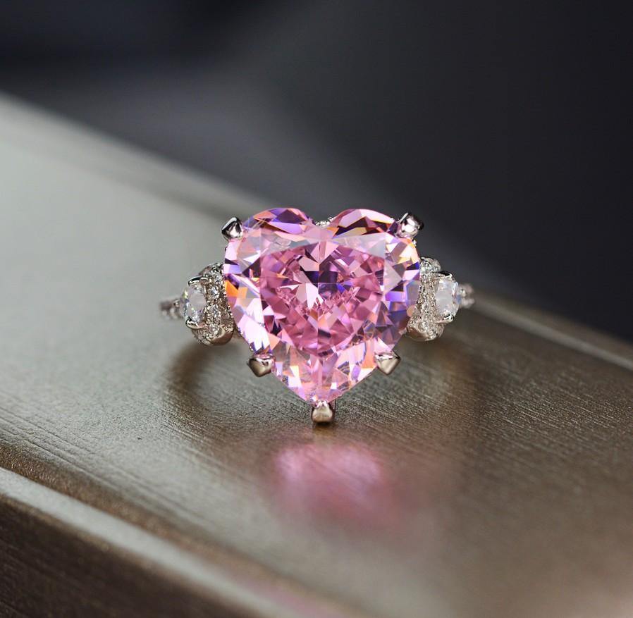 Pink Heart-Shaped Gemstone Pave Sterling Silver Engagement Ring - Image 7