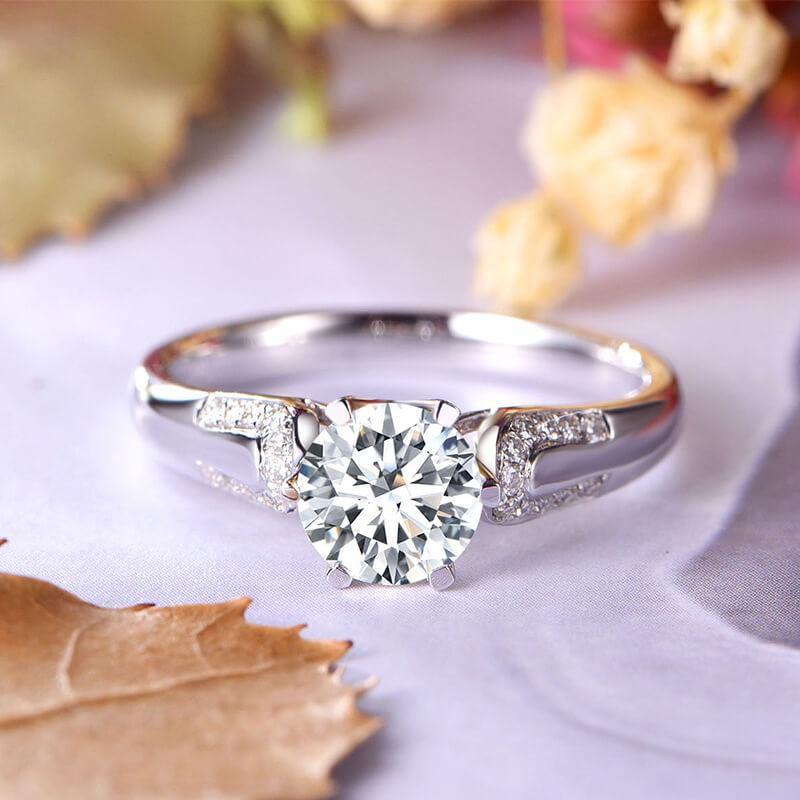 Round Moissanite U-Shape Pave Wide Band Gold Engagement Ring - Image 4