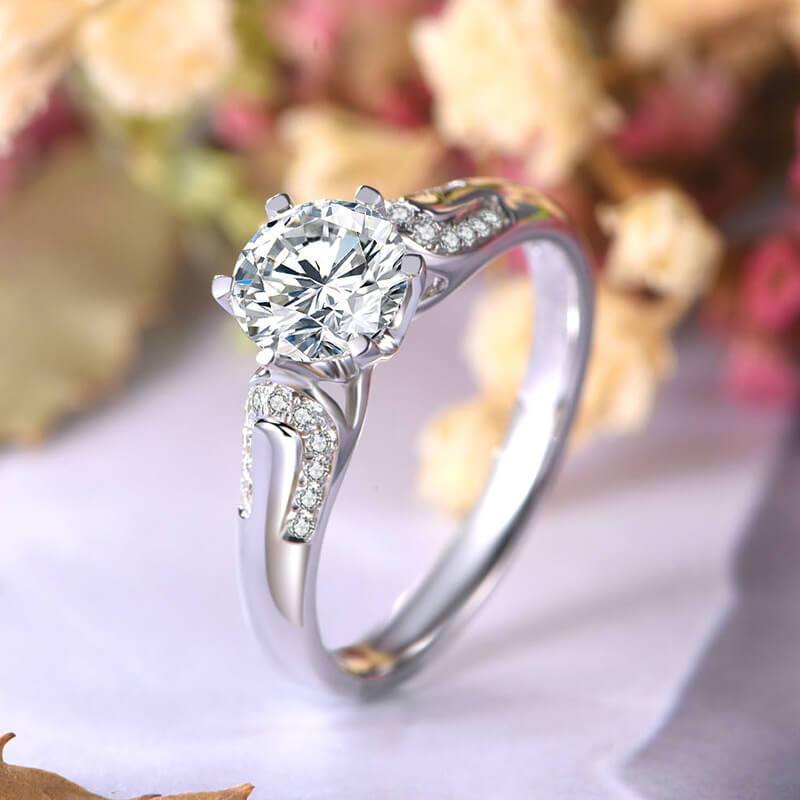 Round Moissanite U-Shape Pave Wide Band Gold Engagement Ring - Image 6