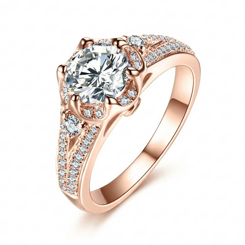 D-VVS1 Round Moissanite Split Shank Six Prong Pave Gold Engagement Ring - Image 3