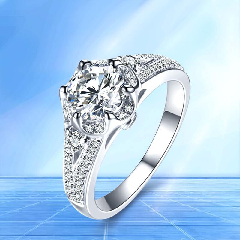 D-VVS1 Round Moissanite Split Shank Six Prong Pave Gold Engagement Ring - Image 4
