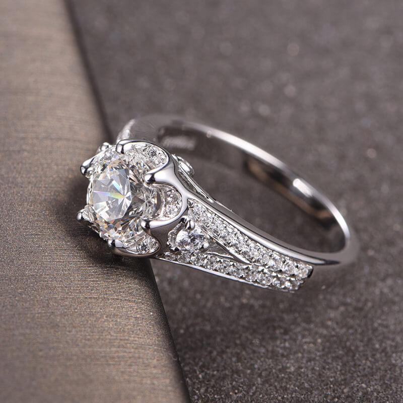 D-VVS1 Round Moissanite Split Shank Six Prong Pave Gold Engagement Ring - Image 5