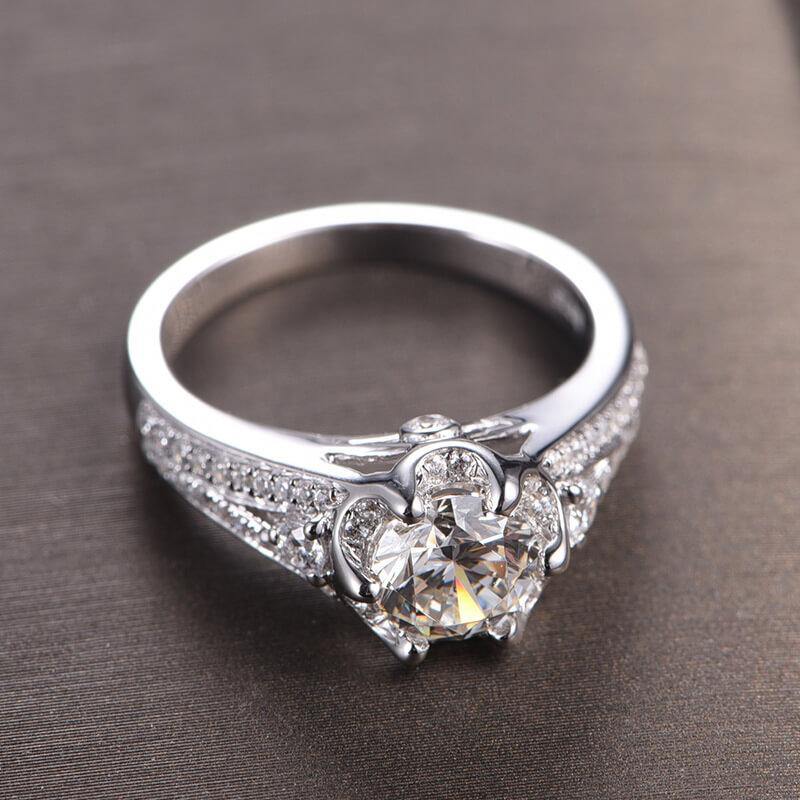 D-VVS1 Round Moissanite Split Shank Six Prong Pave Gold Engagement Ring - Image 7