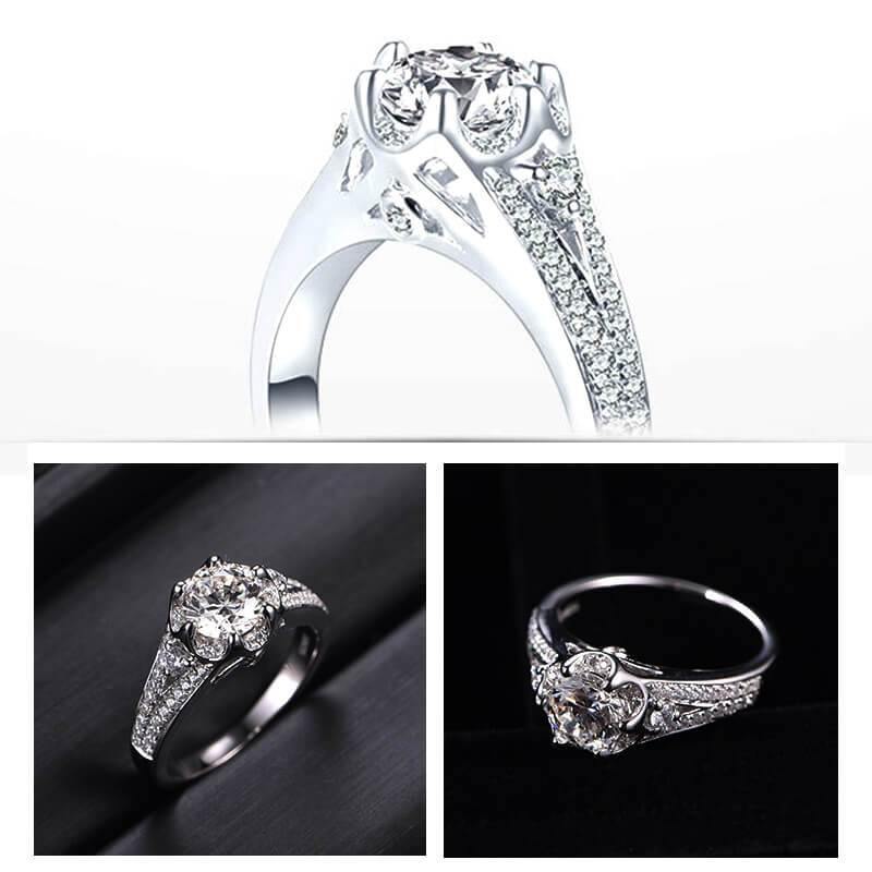 D-VVS1 Round Moissanite Split Shank Six Prong Pave Gold Engagement Ring - Image 9