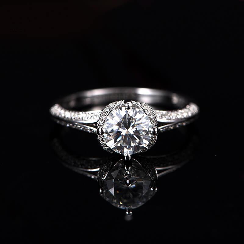 D-VVS1 Round Moissanite Flower Bud Pave Gold Engagement Ring - Image 5