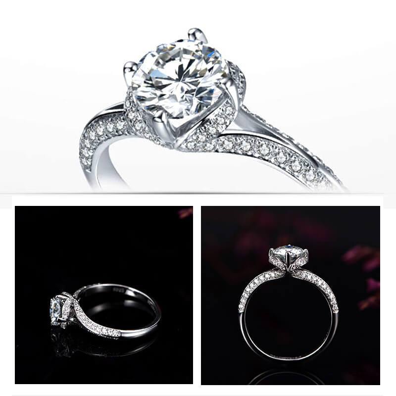 D-VVS1 Round Moissanite Flower Bud Pave Gold Engagement Ring - Image 7