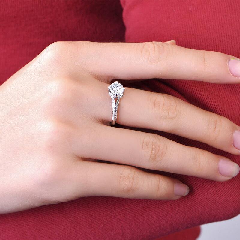 D-VVS1 Round Moissanite Flower Bud Pave Gold Engagement Ring - Image 9