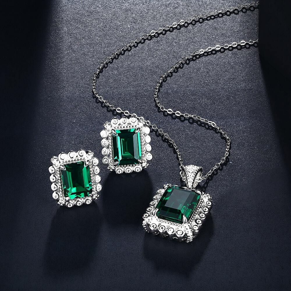 Emerald Cut Lab Created Emerald Classic Luxury Sterling Silver Earrings - Image 12