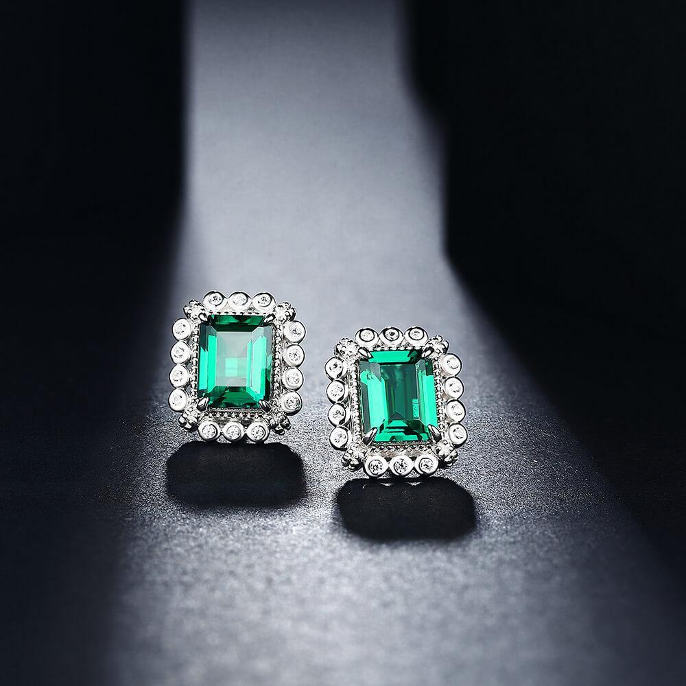 Emerald Cut Lab Created Emerald Classic Luxury Sterling Silver Earrings - Image 3