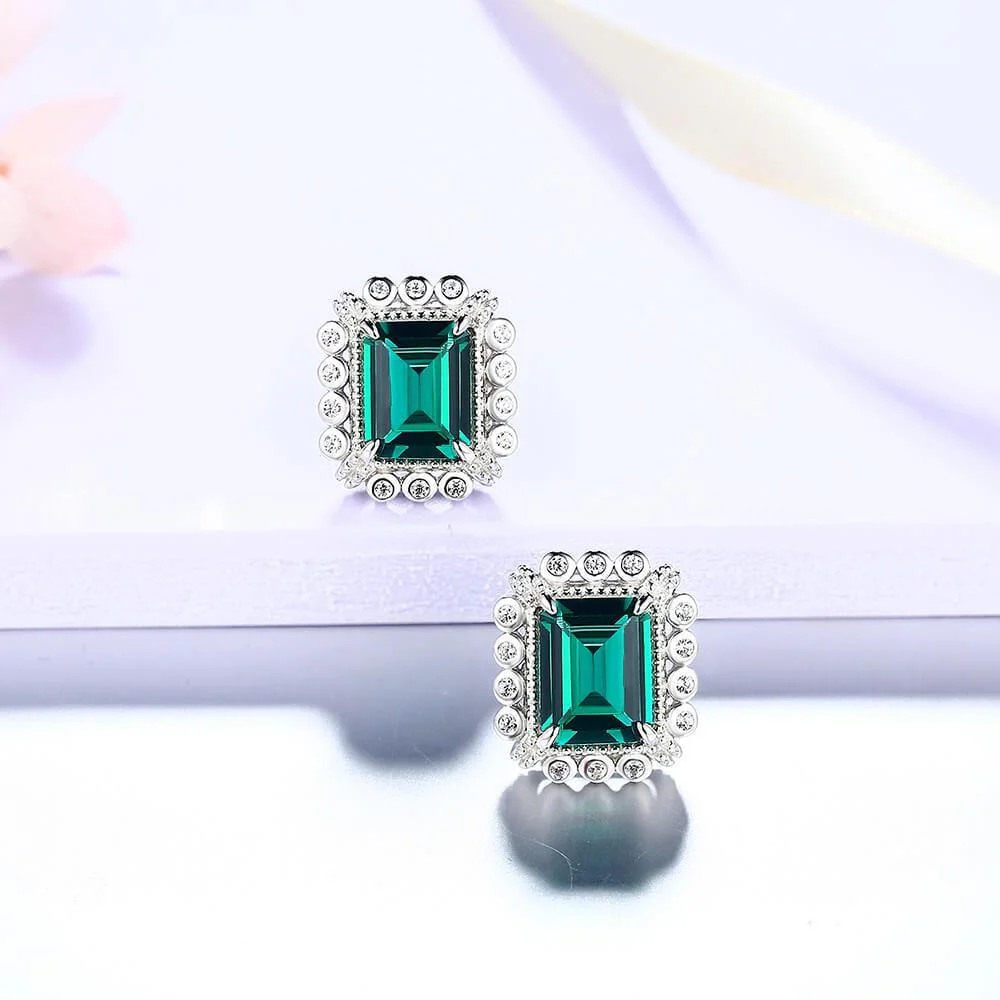 Emerald Cut Lab Created Emerald Classic Luxury Sterling Silver Earrings - Image 6