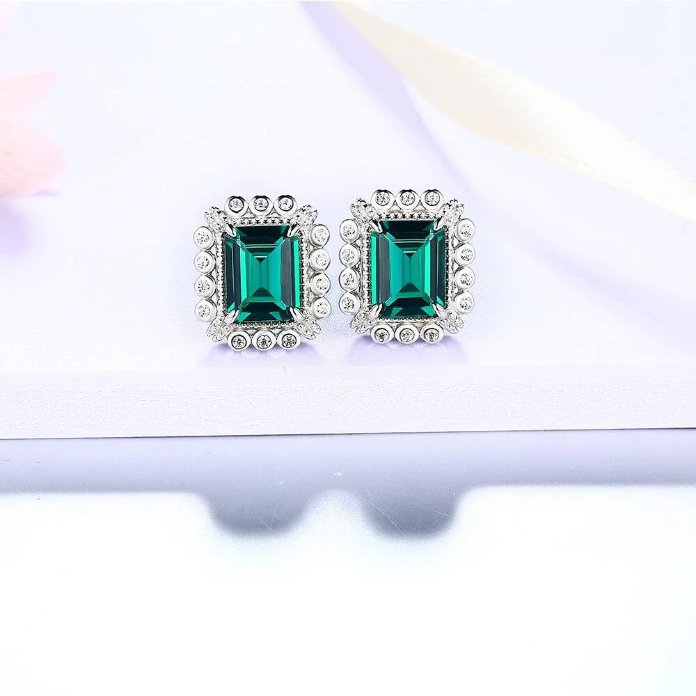 Emerald Cut Lab Created Emerald Classic Luxury Sterling Silver Earrings - Image 7