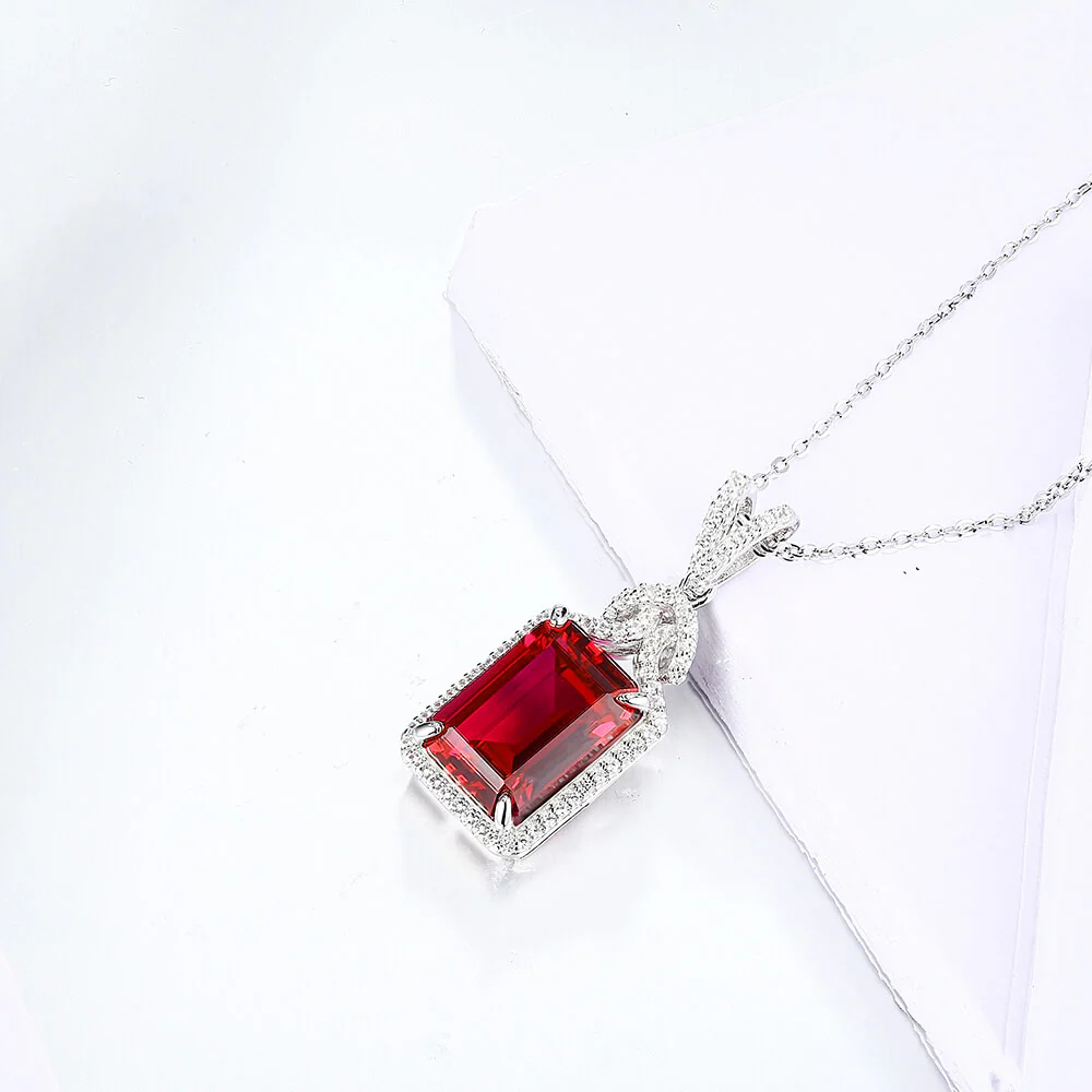 Emerald Cut Ruby Sterling Silver Halo Necklace Pendant - Image 3