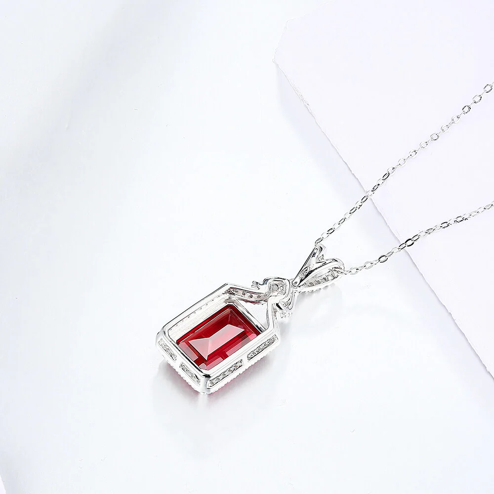 Emerald Cut Ruby Sterling Silver Halo Necklace Pendant - Image 4