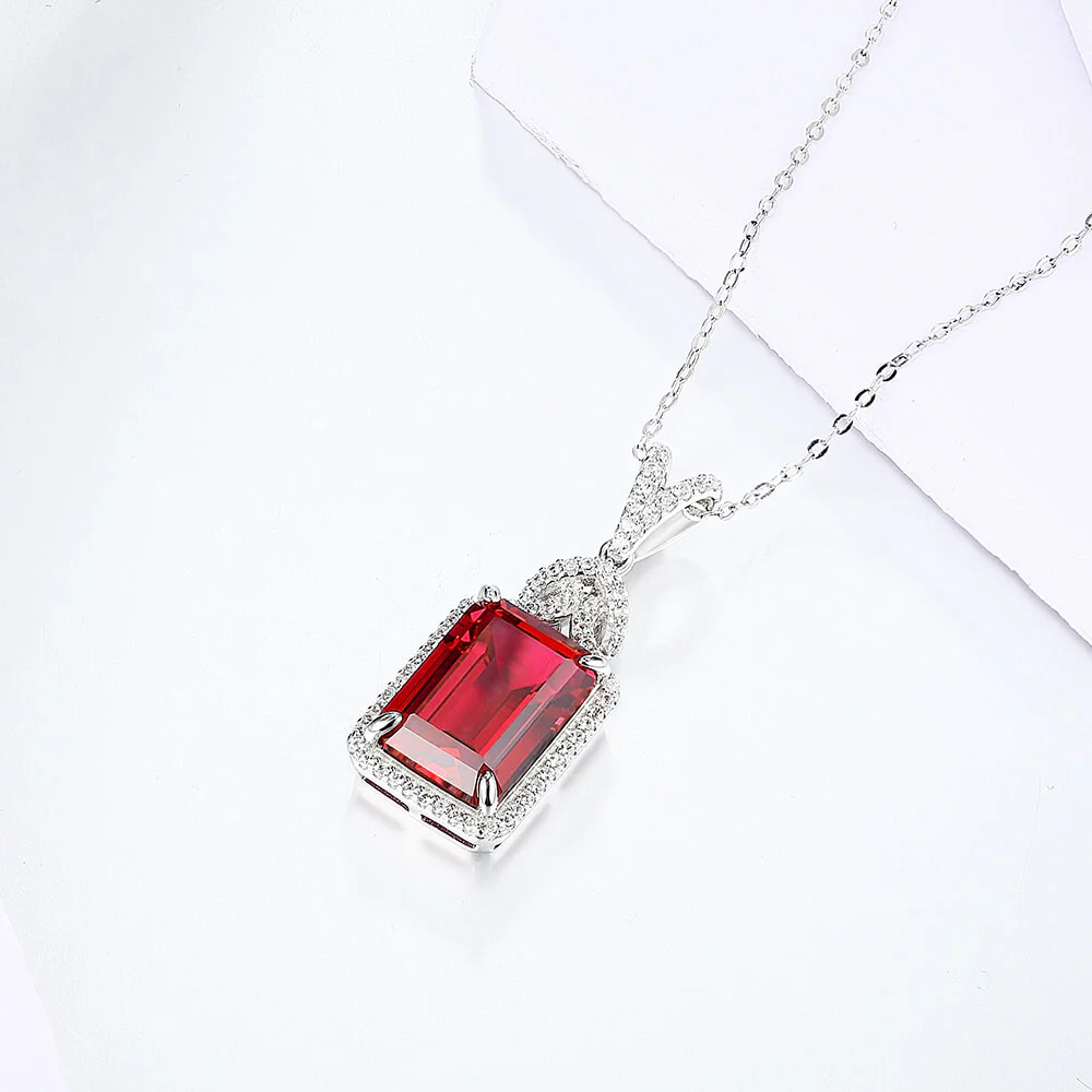 Emerald Cut Ruby Sterling Silver Halo Necklace Pendant - Image 5