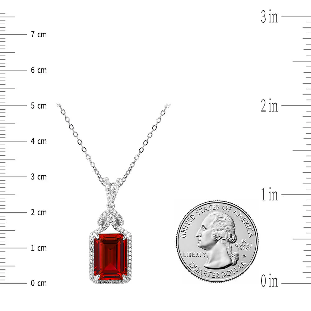Emerald Cut Ruby Sterling Silver Halo Necklace Pendant - Image 6