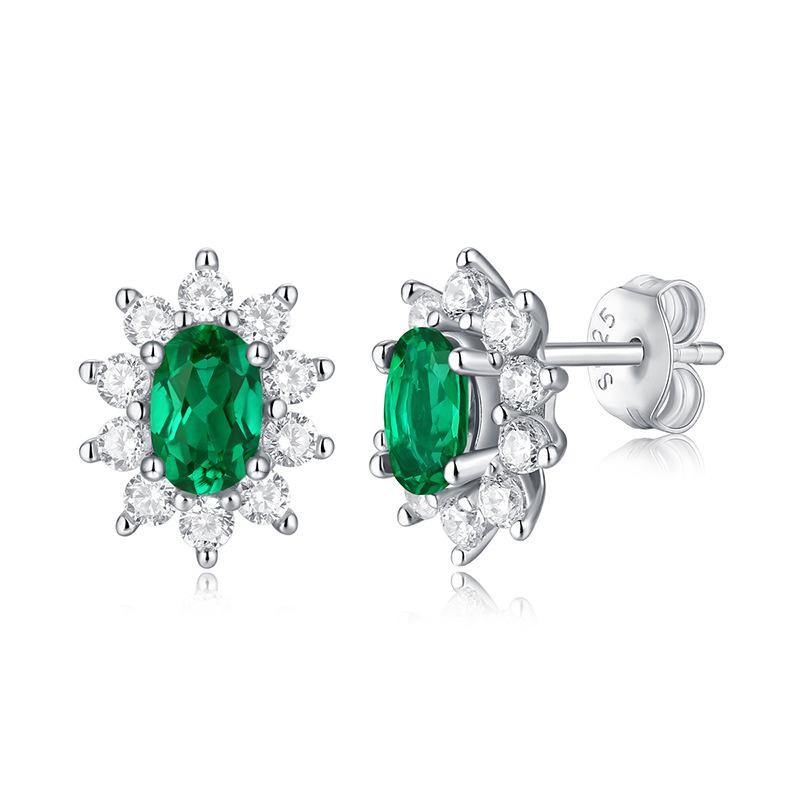 Oval Emerald Side Stone sterling silver earrings - Image 3