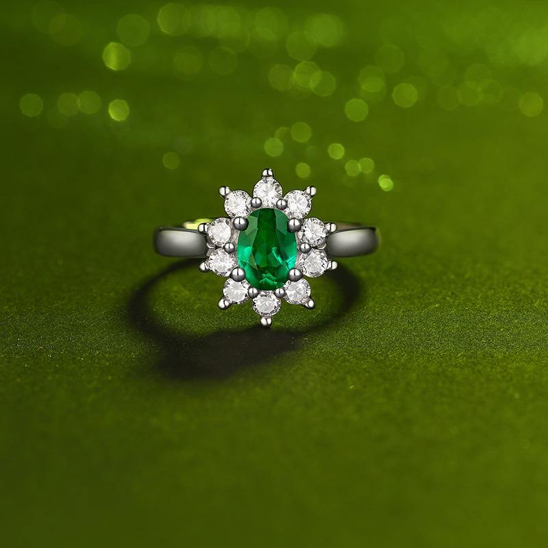 Oval Emerald Side Stone Sterling Silver Ring Size Adjustable - Image 5