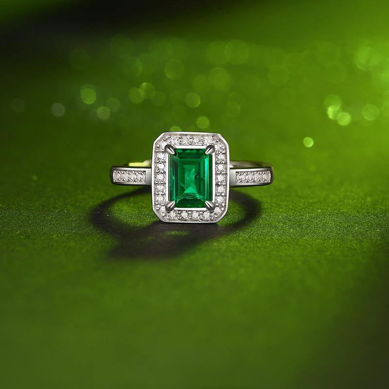Halo Emerald Pave Sterling Silver Ring Size Adjustable - Image 4