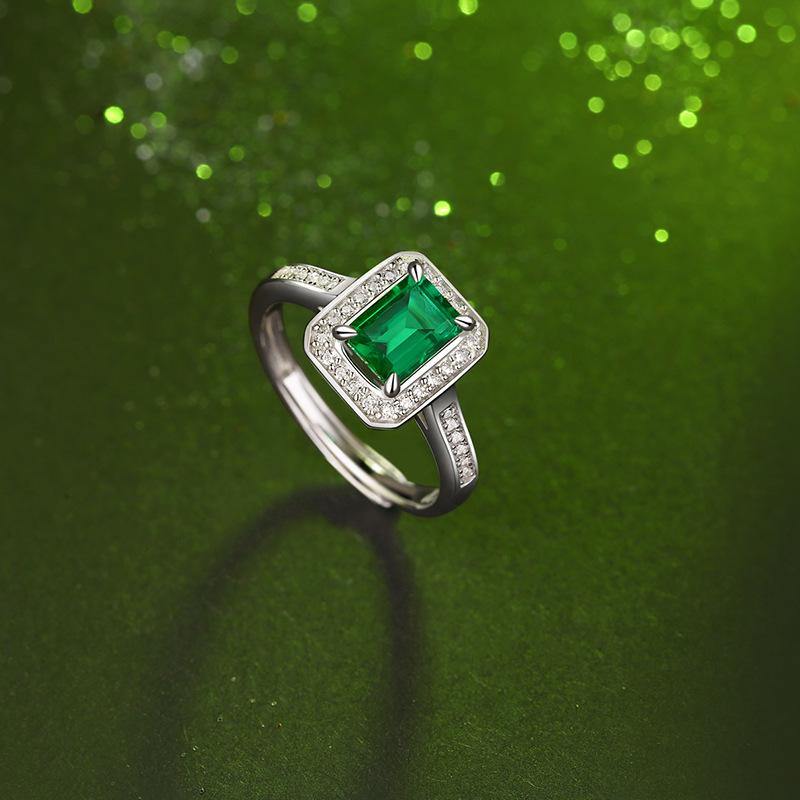 Halo Emerald Pave Sterling Silver Ring Size Adjustable - Image 5