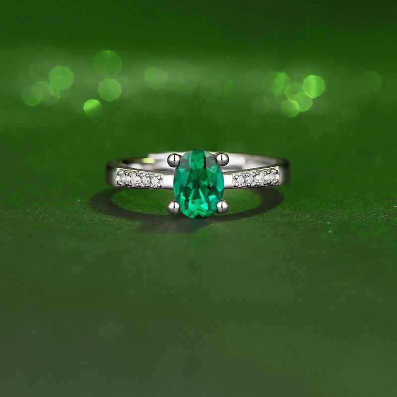 Oval Emerald Pave Sterling Silver Ring Size Adjustable - Image 3