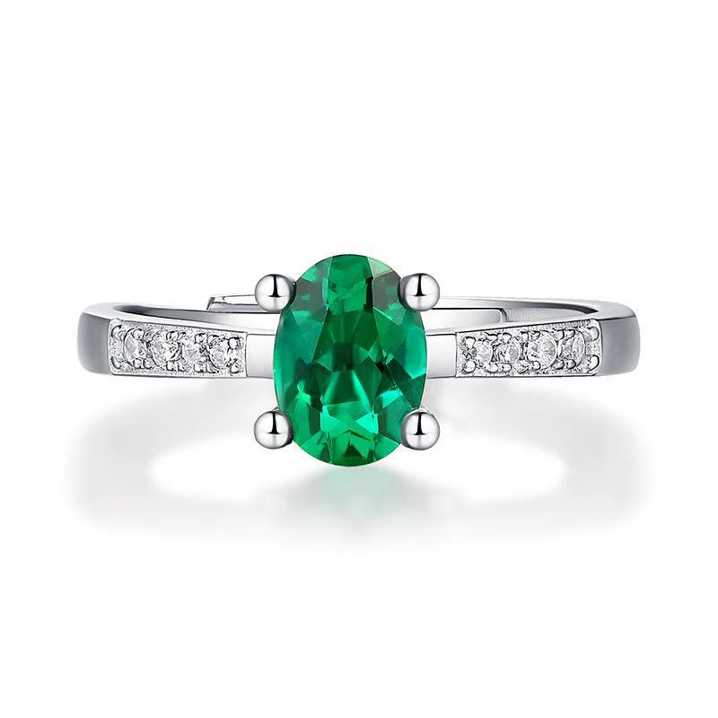 Oval Emerald Pave Sterling Silver Ring Size Adjustable - Image 4