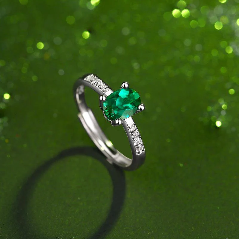 Oval Emerald Pave Sterling Silver Ring Size Adjustable - Image 5