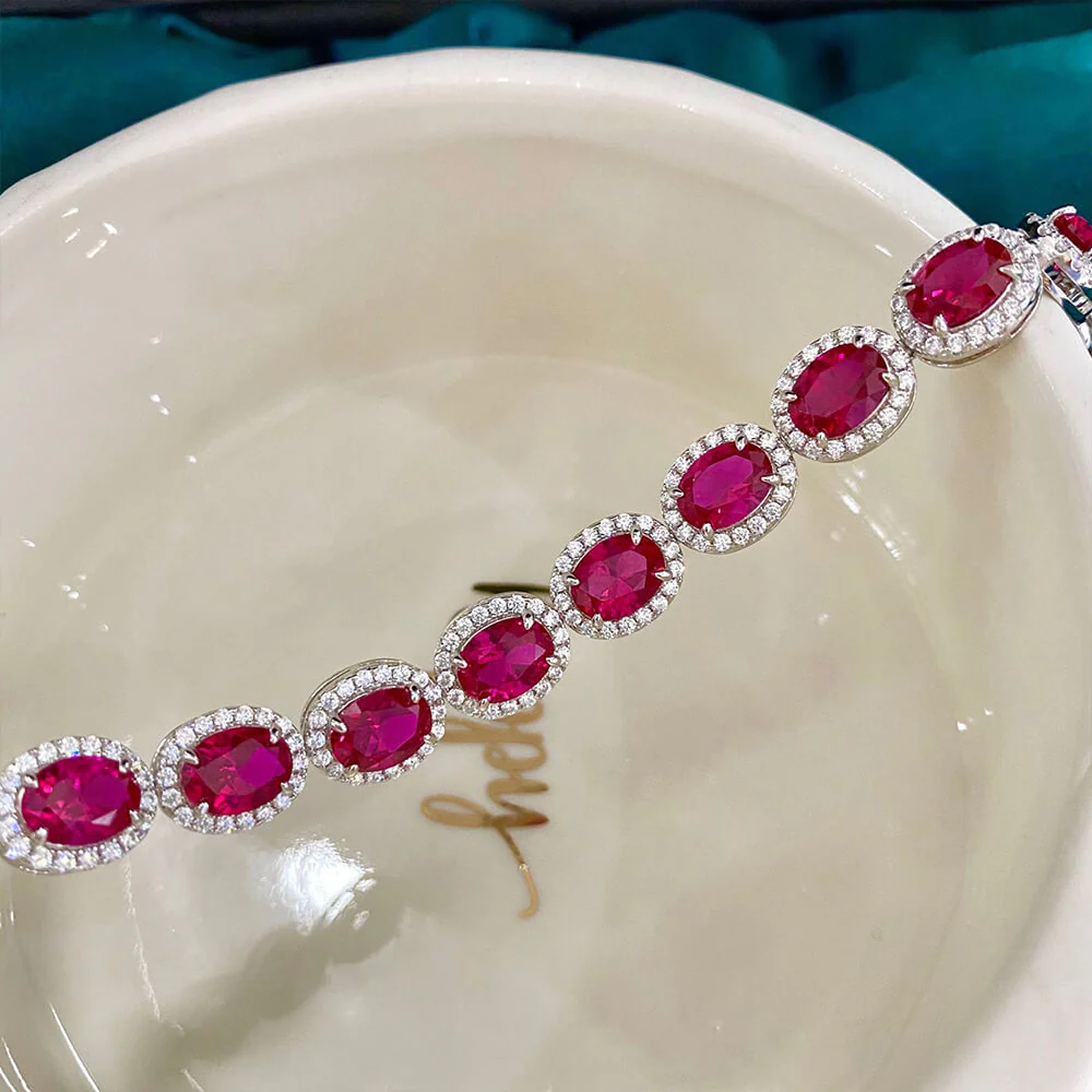 Eternity Halo Oval Ruby Sterling Silver Bracelet - Image 3