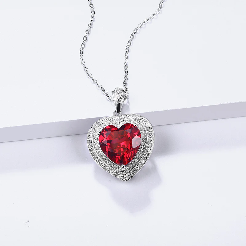 Fashion Heart Ruby Sterling Silver Double Halo Necklace Pendant - Image 3