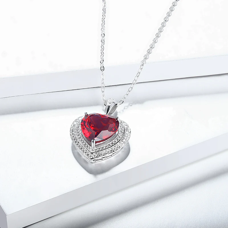 Fashion Heart Ruby Sterling Silver Double Halo Necklace Pendant - Image 4