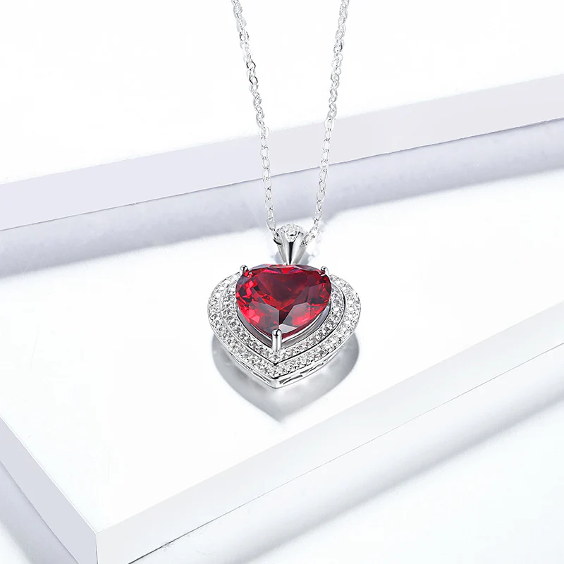 Fashion Heart Ruby Sterling Silver Double Halo Necklace Pendant - Image 5