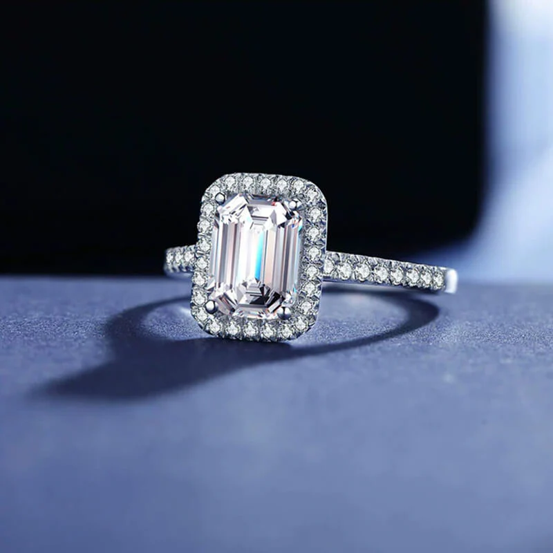Halo Emerald Cut Moissanite Pave Sterling Silver Engagement Ring - Image 3