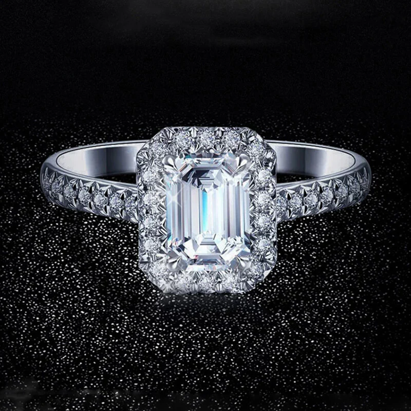 Halo Emerald Cut Moissanite Pave Sterling Silver Engagement Ring - Image 4