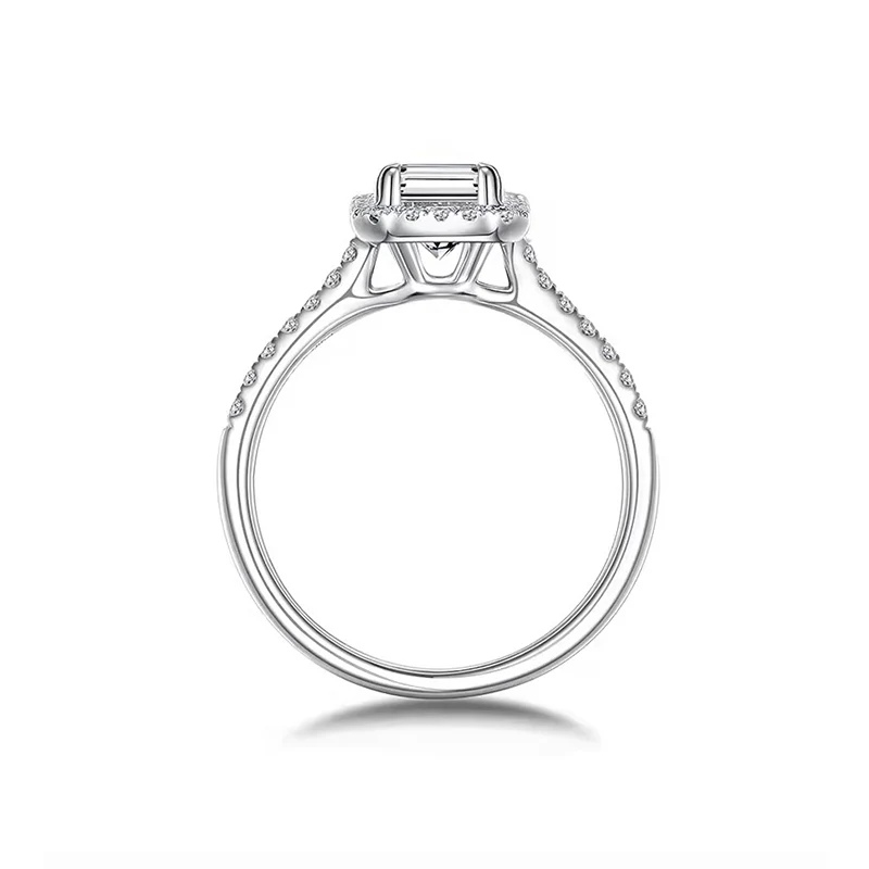 Halo Emerald Cut Moissanite Pave Sterling Silver Engagement Ring - Image 5