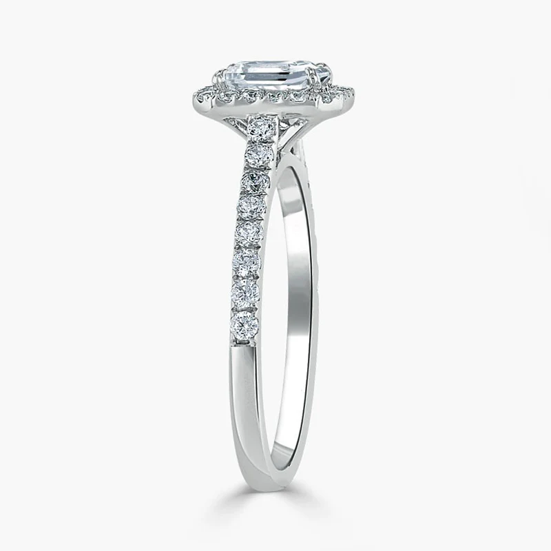 Halo Emerald Cut Moissanite Pave Sterling Silver Engagement Ring - Image 6