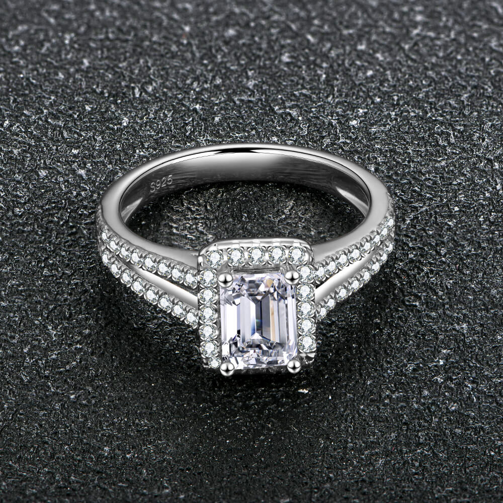 Halo Emerald Cut Moissanite Split Shank Pave Sterling Silver Engagement Ring - Image 3