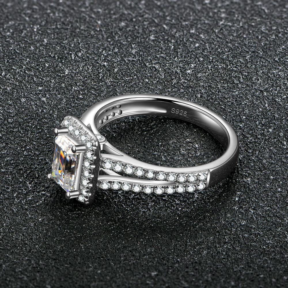Halo Emerald Cut Moissanite Split Shank Pave Sterling Silver Engagement Ring - Image 4