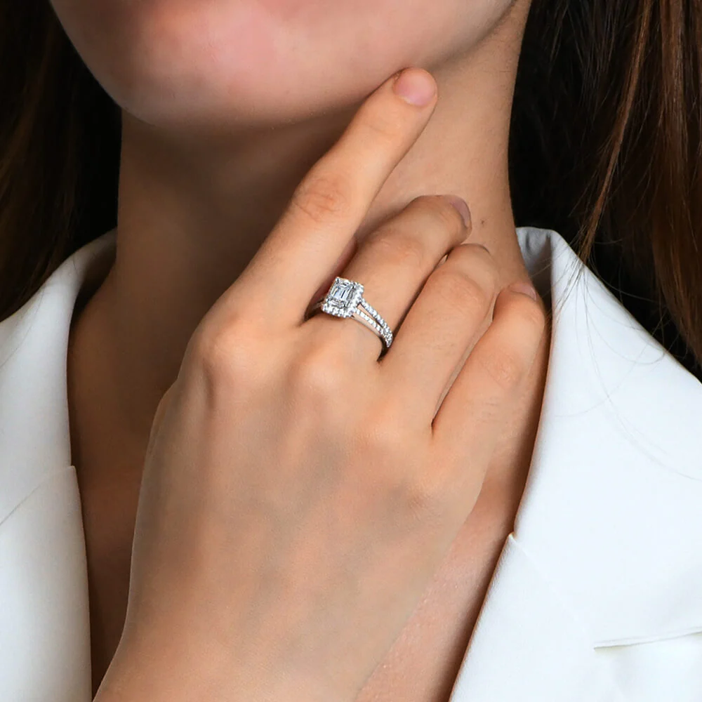 Halo Emerald Cut Moissanite Split Shank Pave Sterling Silver Engagement Ring - Image 5
