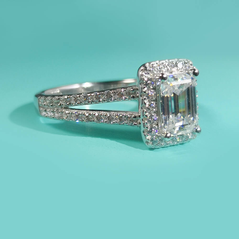 Halo Emerald Cut Moissanite Split Shank Pave Sterling Silver Engagement Ring - Image 6