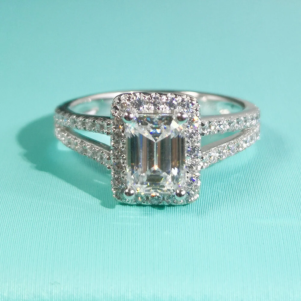 Halo Emerald Cut Moissanite Split Shank Pave Sterling Silver Engagement Ring - Image 7
