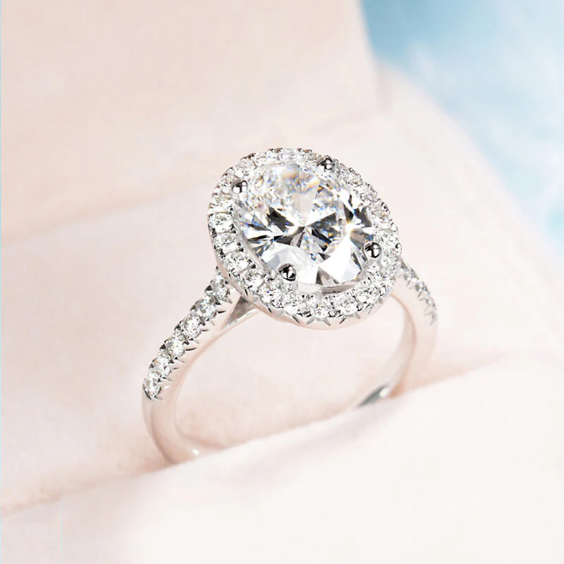 Halo Oval Cut Moissanite Pave Sterling Silver Engagement Ring - Image 11