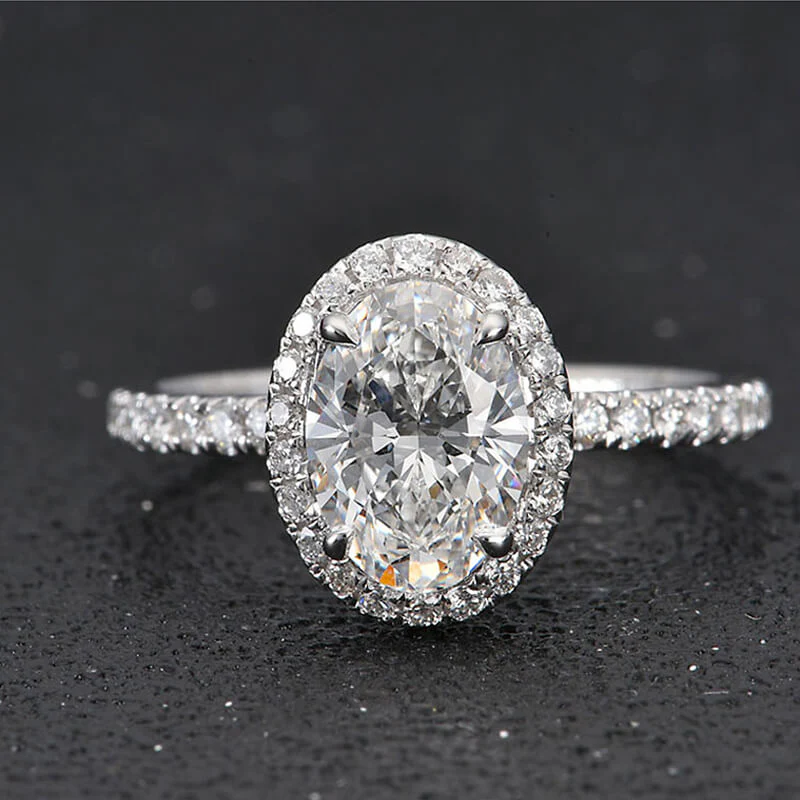 Halo Oval Cut Moissanite Pave Sterling Silver Engagement Ring - Image 3