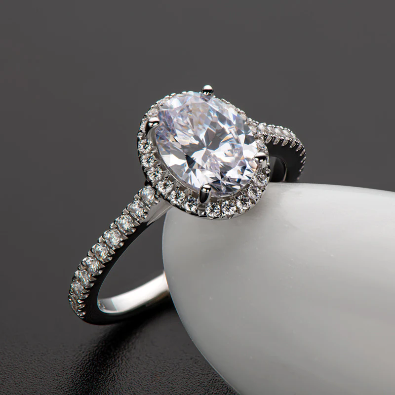 Halo Oval Cut Moissanite Pave Sterling Silver Engagement Ring - Image 4