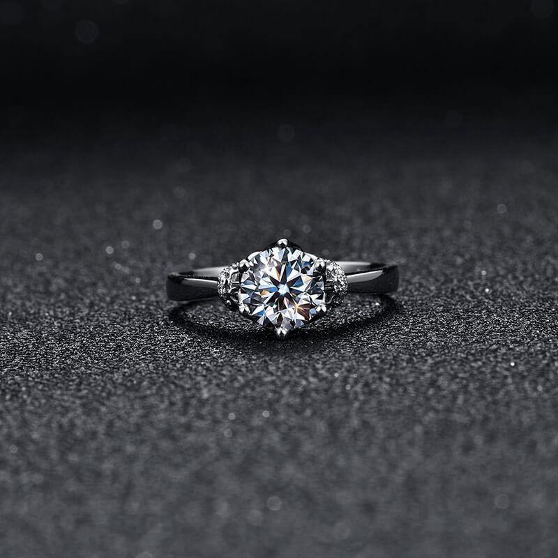 Round Cut Moissanite Six Prong Halo Sterling Silver Ring - Image 3