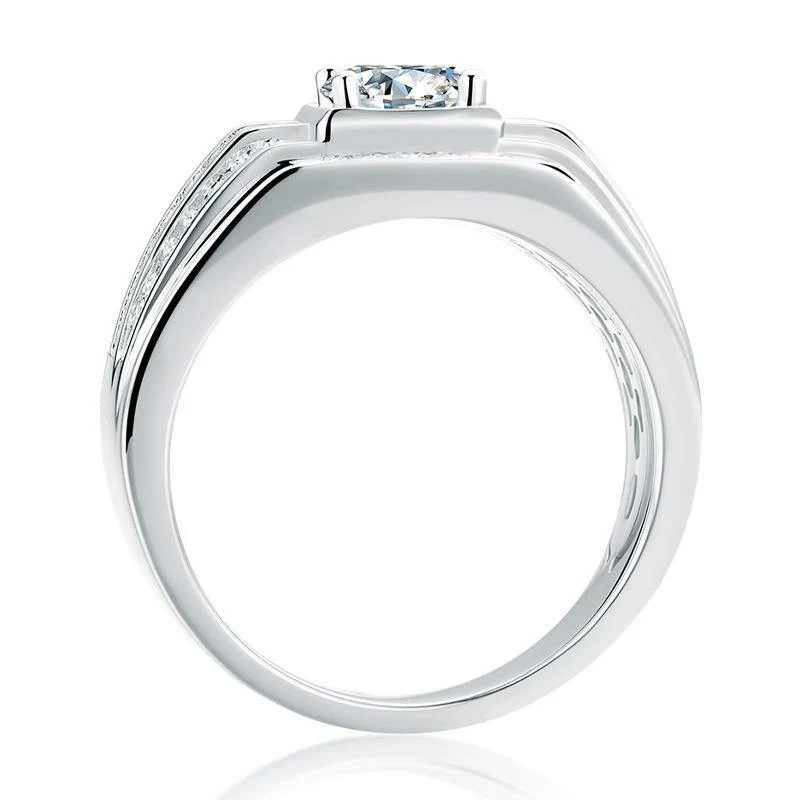Round Moissanite Halo Sterling Silver Wedding Ring For Men - Image 4