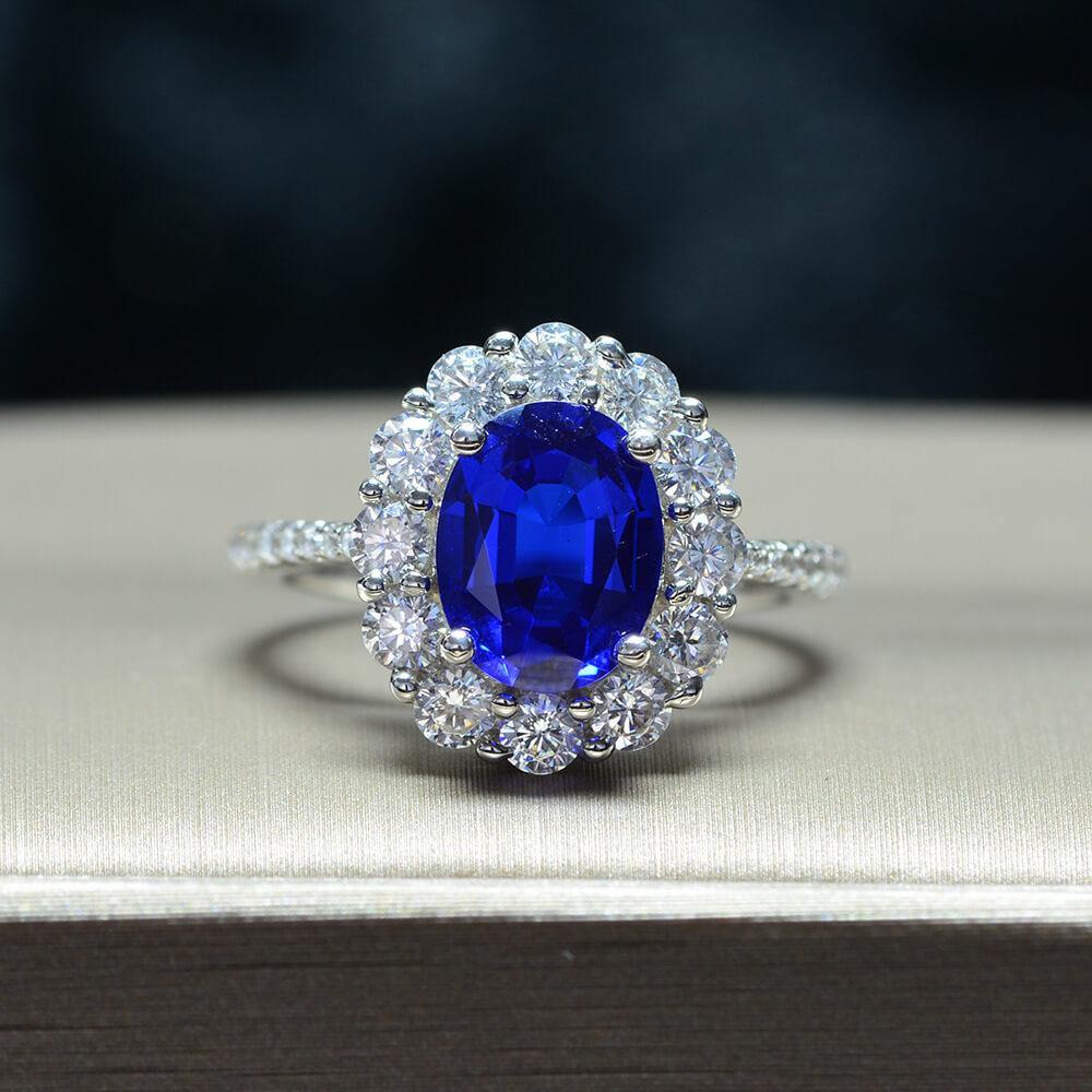 Luxury Halo Oval Sapphire Pave Sterling Silver Engagement Ring - Image 4