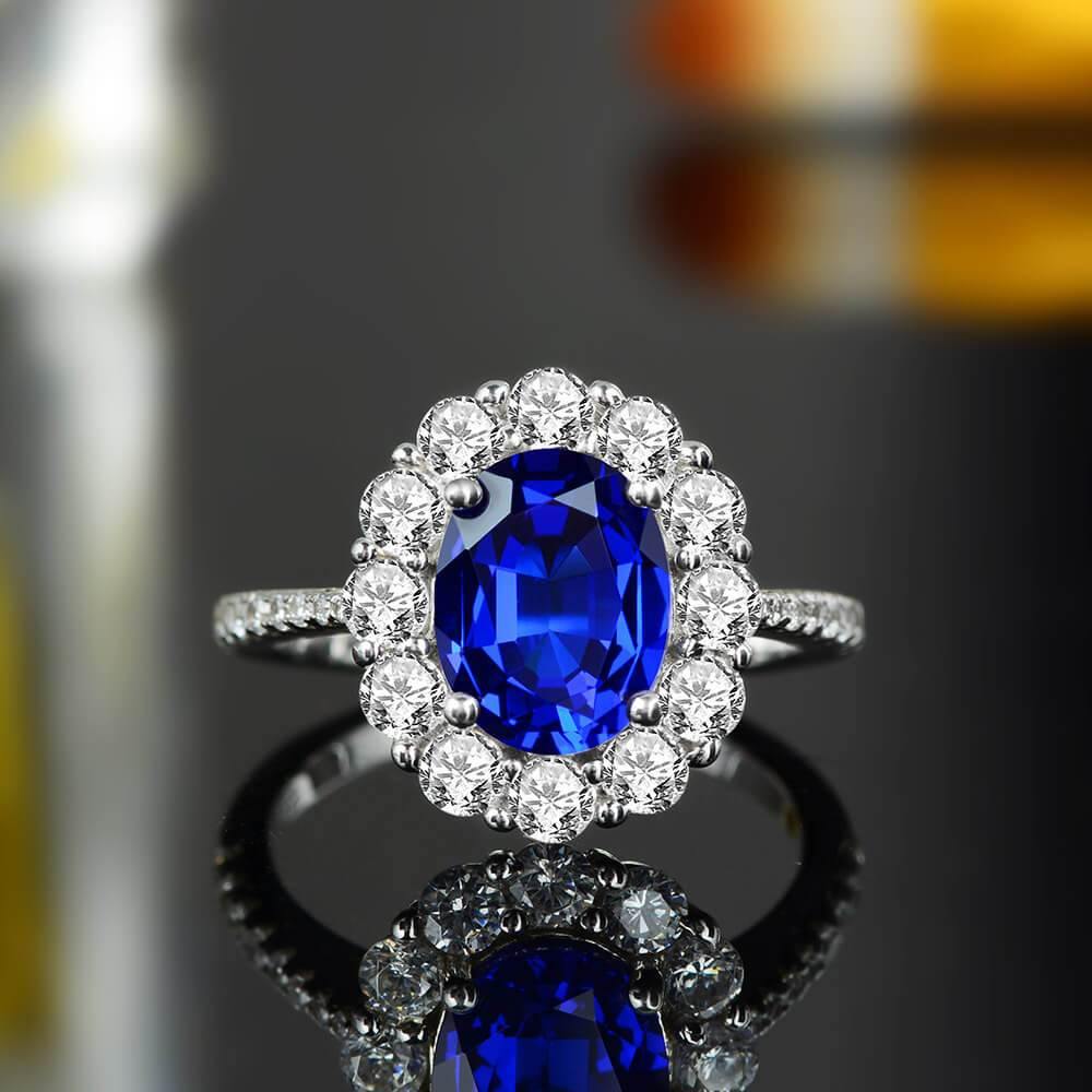 Luxury Halo Oval Sapphire Pave Sterling Silver Engagement Ring - Image 5