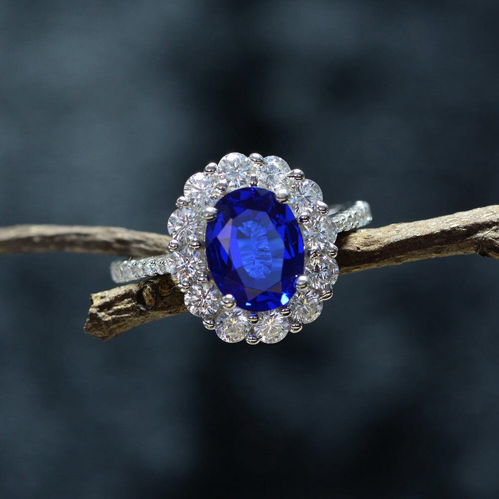 Luxury Halo Oval Sapphire Pave Sterling Silver Engagement Ring - Image 6