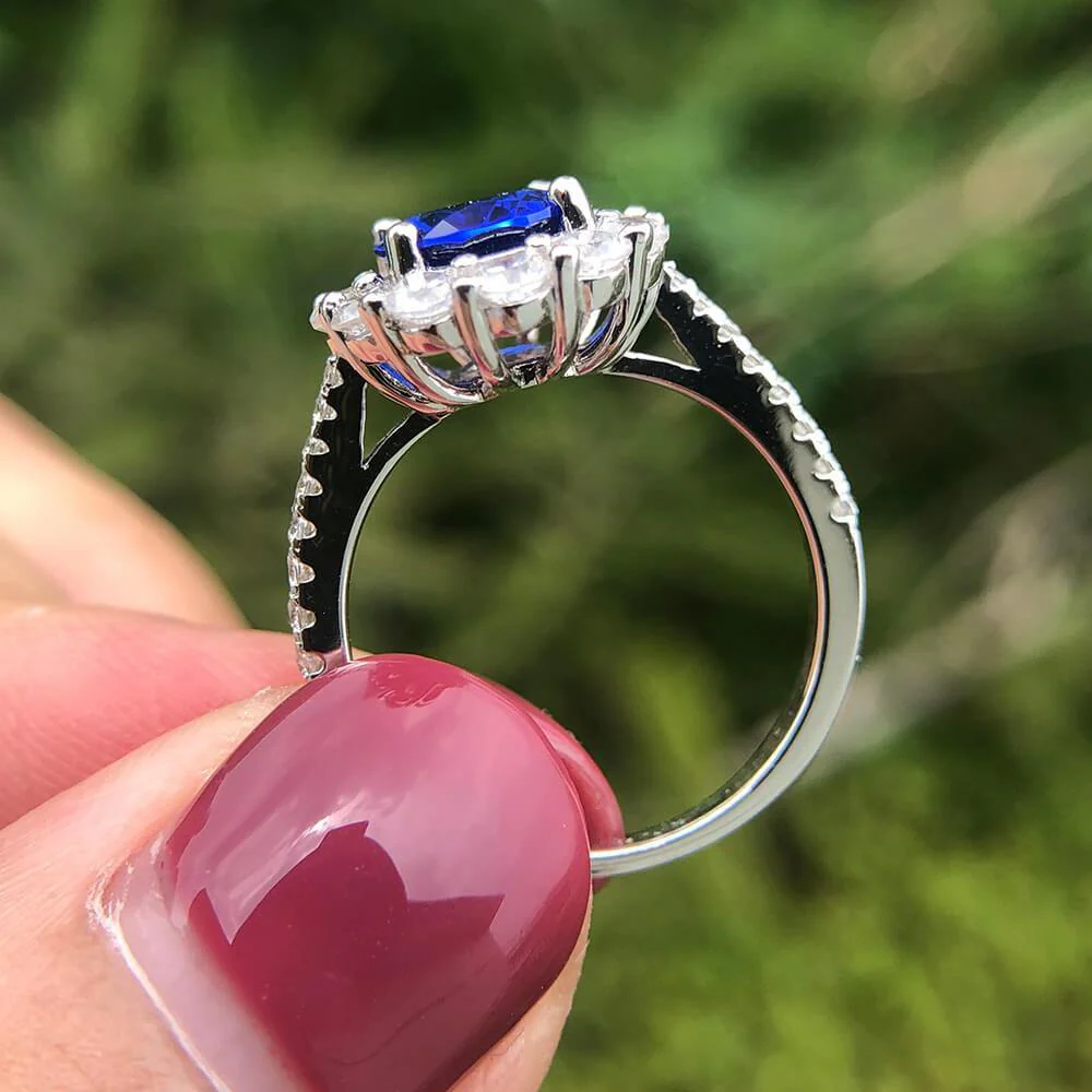 Luxury Halo Oval Sapphire Pave Sterling Silver Engagement Ring - Image 7