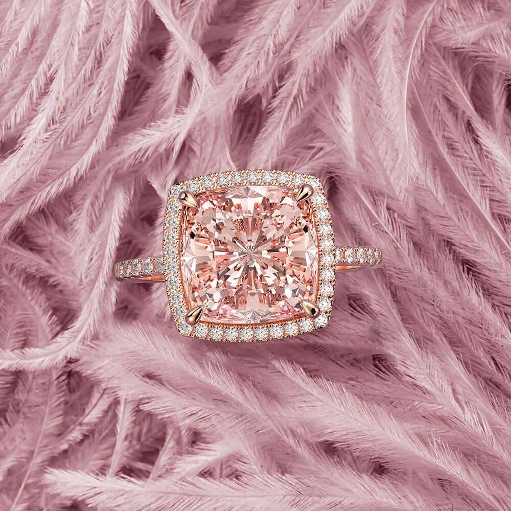 Luxury Halo Cushion Pink Gemstone Pave Sterling Silver Engagement Ring - Image 3
