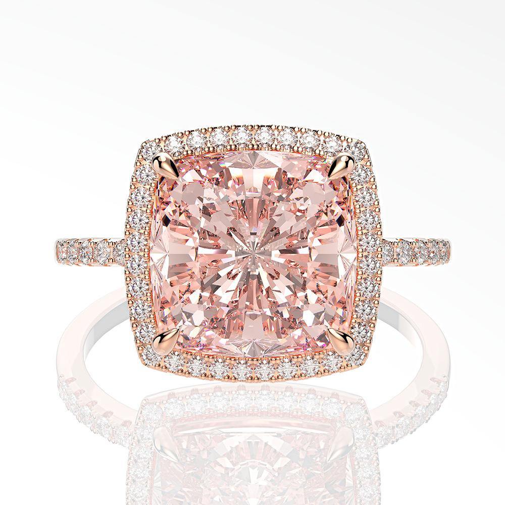 Luxury Halo Cushion Pink Gemstone Pave Sterling Silver Engagement Ring - Image 5